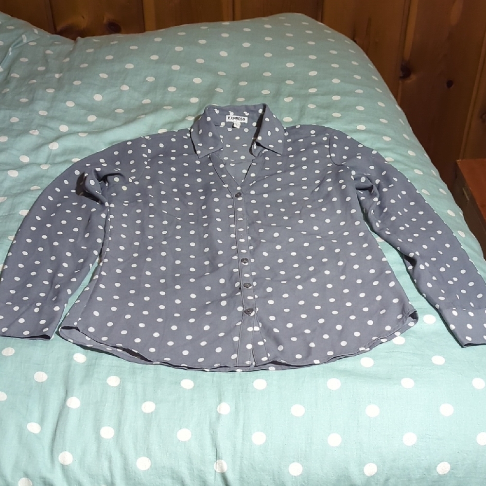 Express Gray and White Polka Dot Shirt